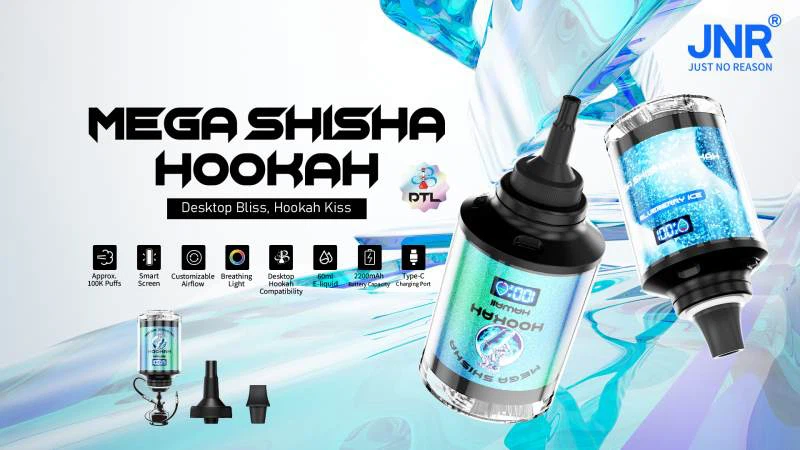 JNR Mega Shisha Hookah 100000 Puffs Disposable Vape z 60 ml 2200 mAh Baterijo in LED Zaslonom za Shisha Style 40