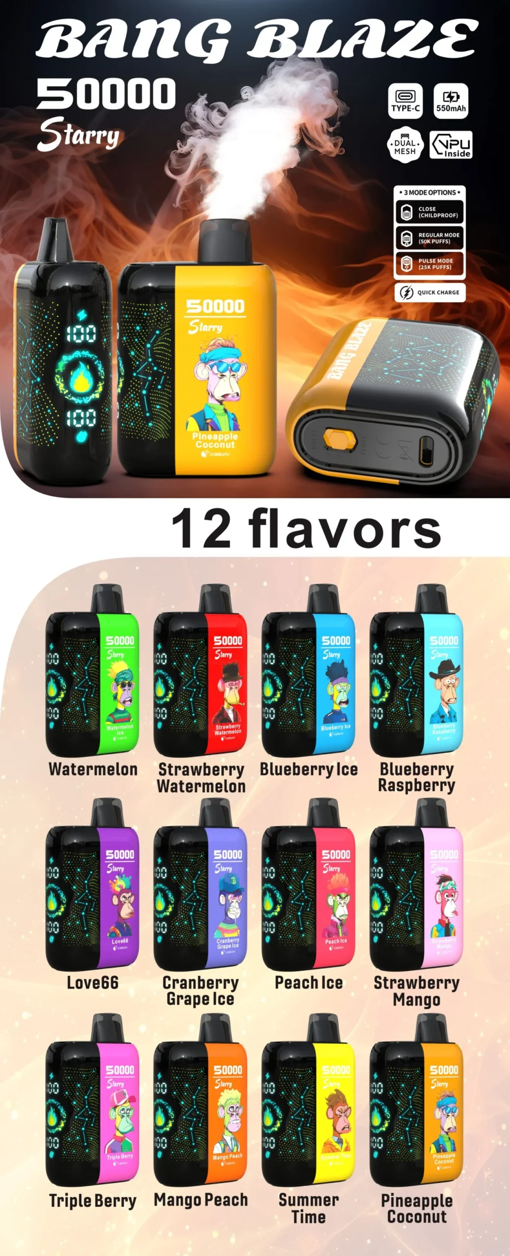 Bang Blaze Starry 50K Puffs – 50.000 Potegov, LED Zaslon, Type-C Polnjenje, Dolgotrajna Disposable Vape 1 bang blaze starry 50k puffs 50.000 potegov led zaslon type c polnjenje premium disposable vape 1