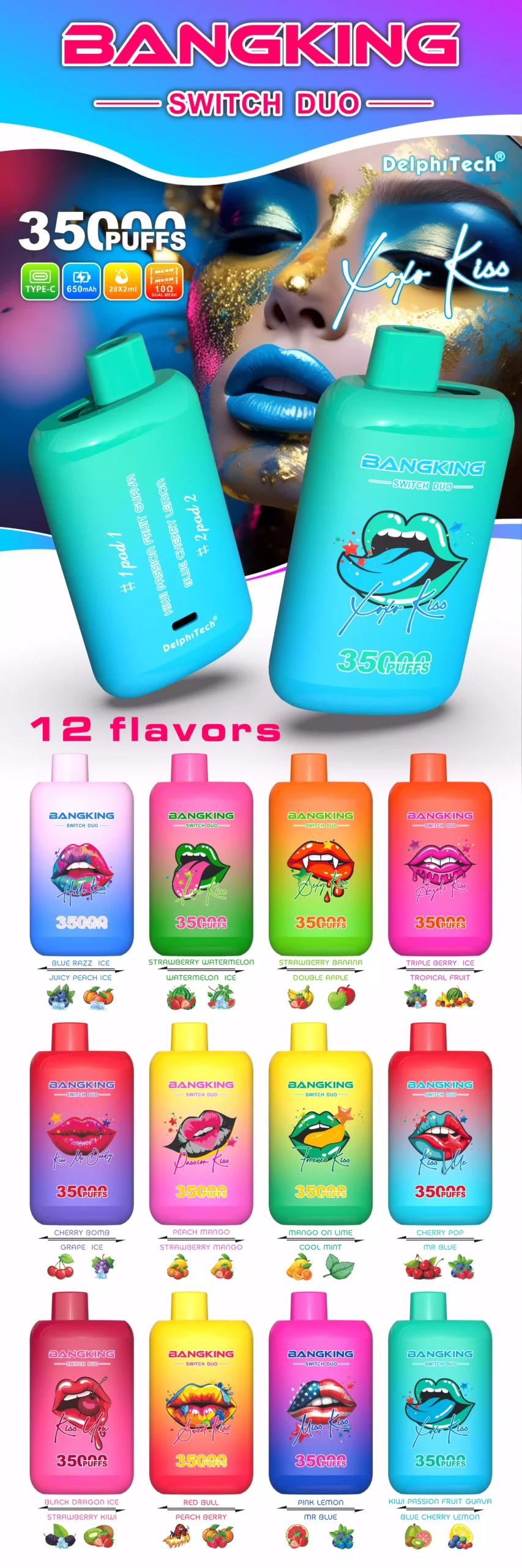 Bang King 35K Puffs Switch Duo – polnilni disposable vape z dvema okusoma, 56 ml in LED zaslonom 1 bang king 35k puffs switch duo polnilni disposable vape z dvema okusoma 56 ml in led zaslonom 1