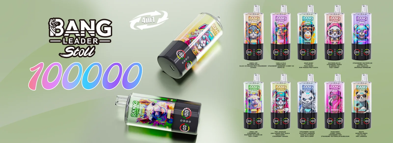 bang leader stoll 4 v 1 100k vape 100.000 potegov 4 okusi v eni napravi 56ml usb c polnjenje 1