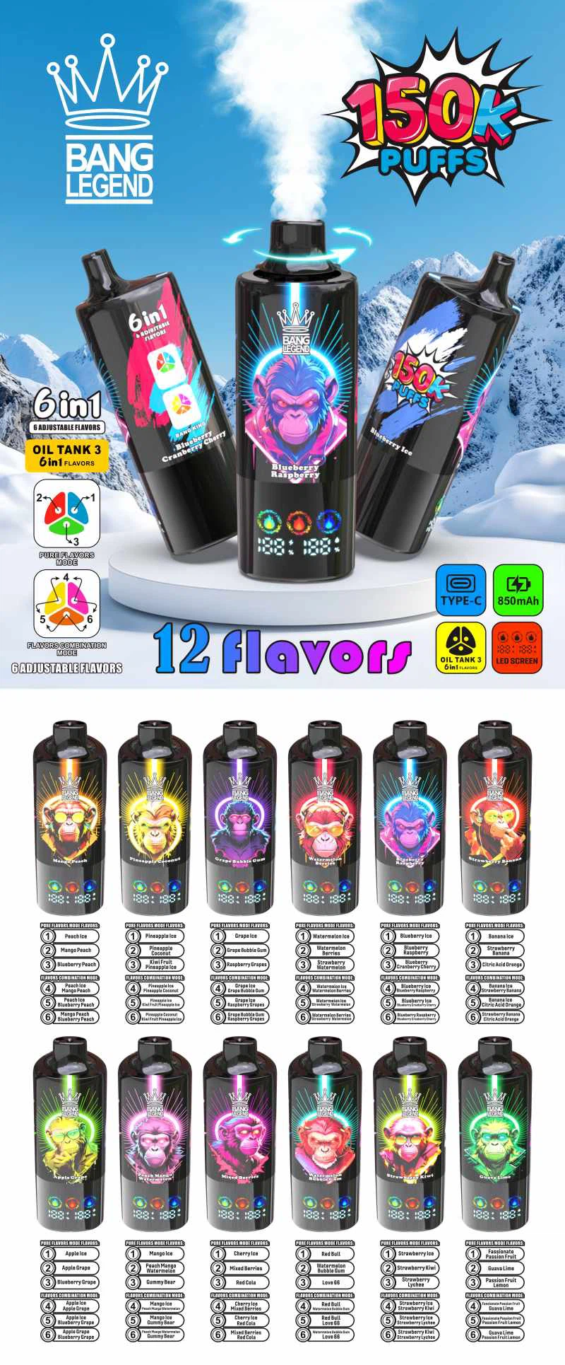 bang legend 150k puffs 6 v 1 flavor disposable vape 150.000 vdihov led zaslon triple mesh coil 850mah polnilna baterija 1