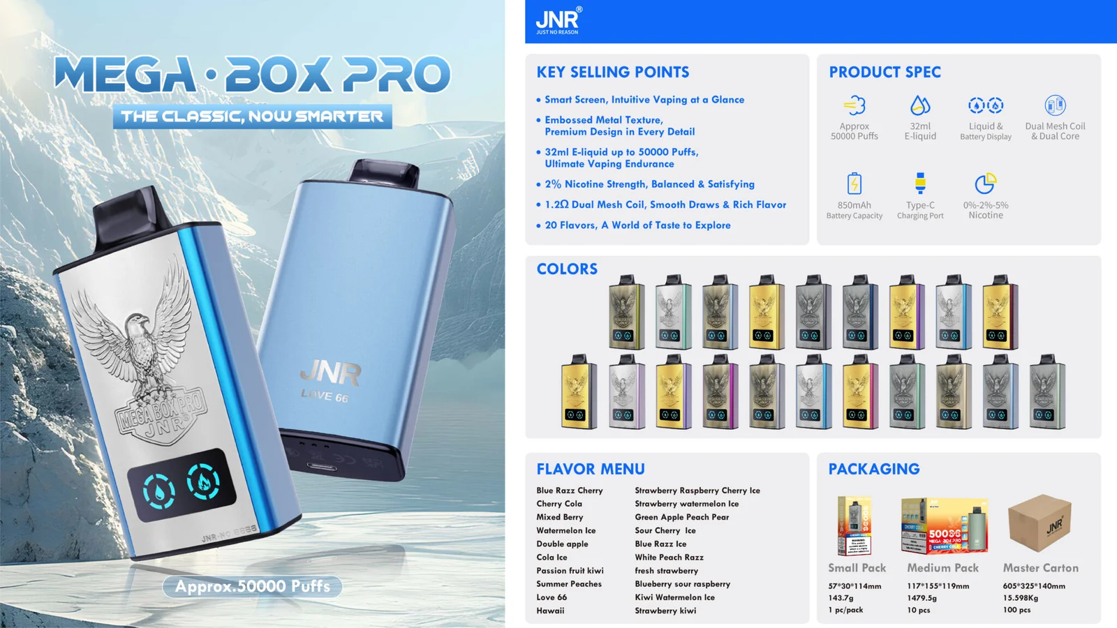 JNR Mega Box Pro 50000 Puffs – Dolgotrajni Disposable Vape z 32 ml, LED Zaslonom in 20 Okusi za EU trg 1 jnr mega box pro 50000 puffs dolgotrajni disposable vape z 32 ml led zaslonom in 20 okusi za eu trg 20