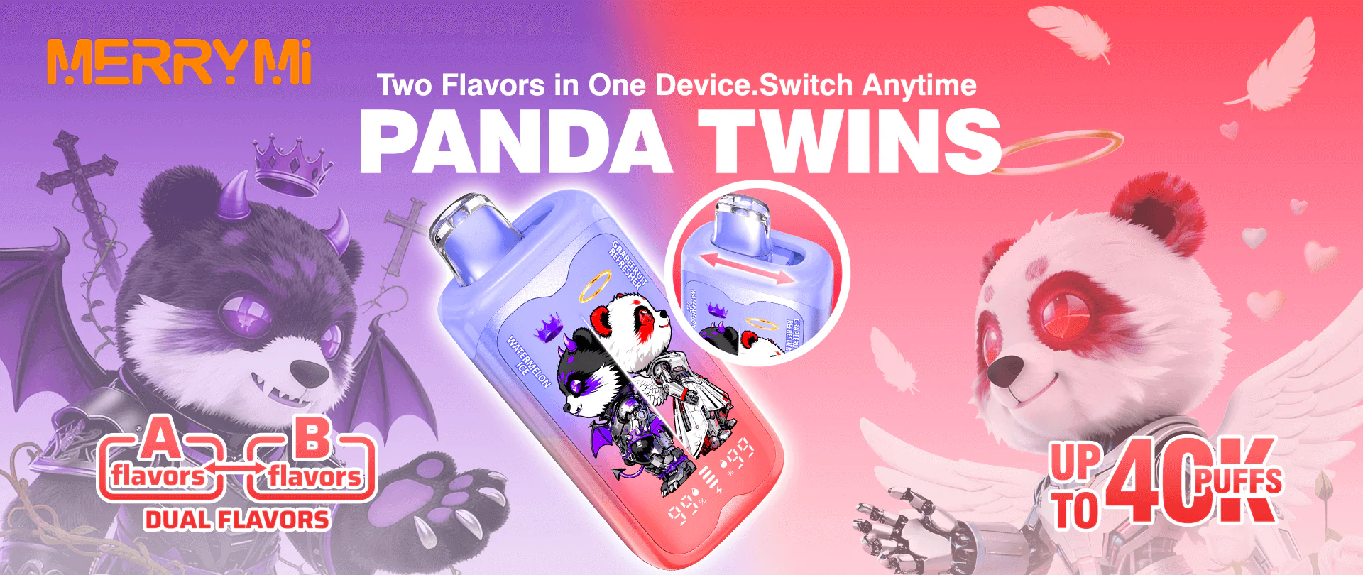 Merrymi PANDA TWINS 40000 – Disposable Vape z Dvema Okusoma v Eni Napravi, Dual Mesh in HD Zaslonom | SloveniaVape 1 Panda-Twins-260313-img-1