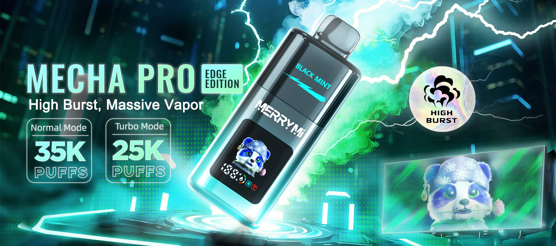 Merrymi PANDA Mecha pro – Disposable Vape z Dvema Ločenima Okusoma, Drsnim Preklopom in Panda Zaslonom | SloveniaVape 1 MECHA Pro Edge disposable vape product image