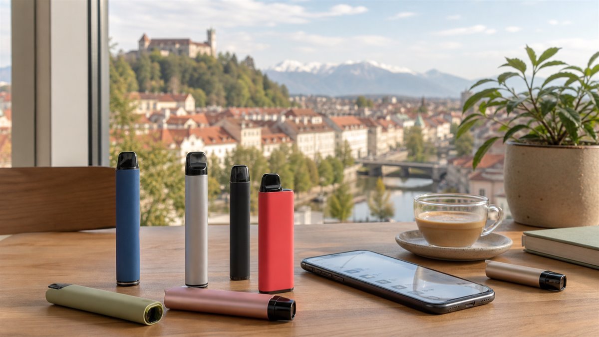 Vape naprave na mizi z razgledom na Ljubljano