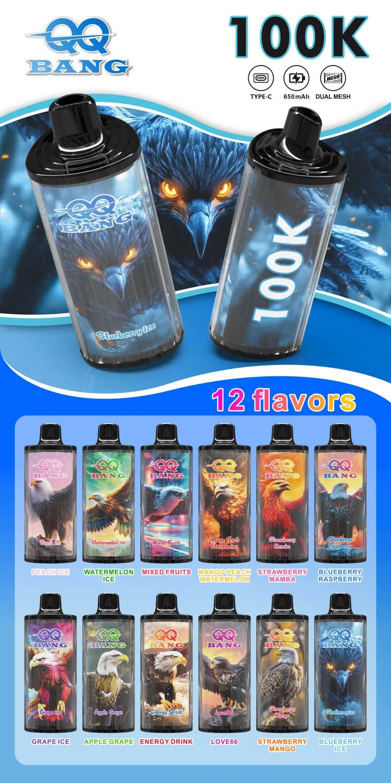 QQ Bang 100000 Puffs Eagle Edition – Polnilna Disposable Vape z 40 ml Kapaciteto in Dual Mesh Grelnikom 1 QQ-Bang-100K-Vape-Strawberry-Mango