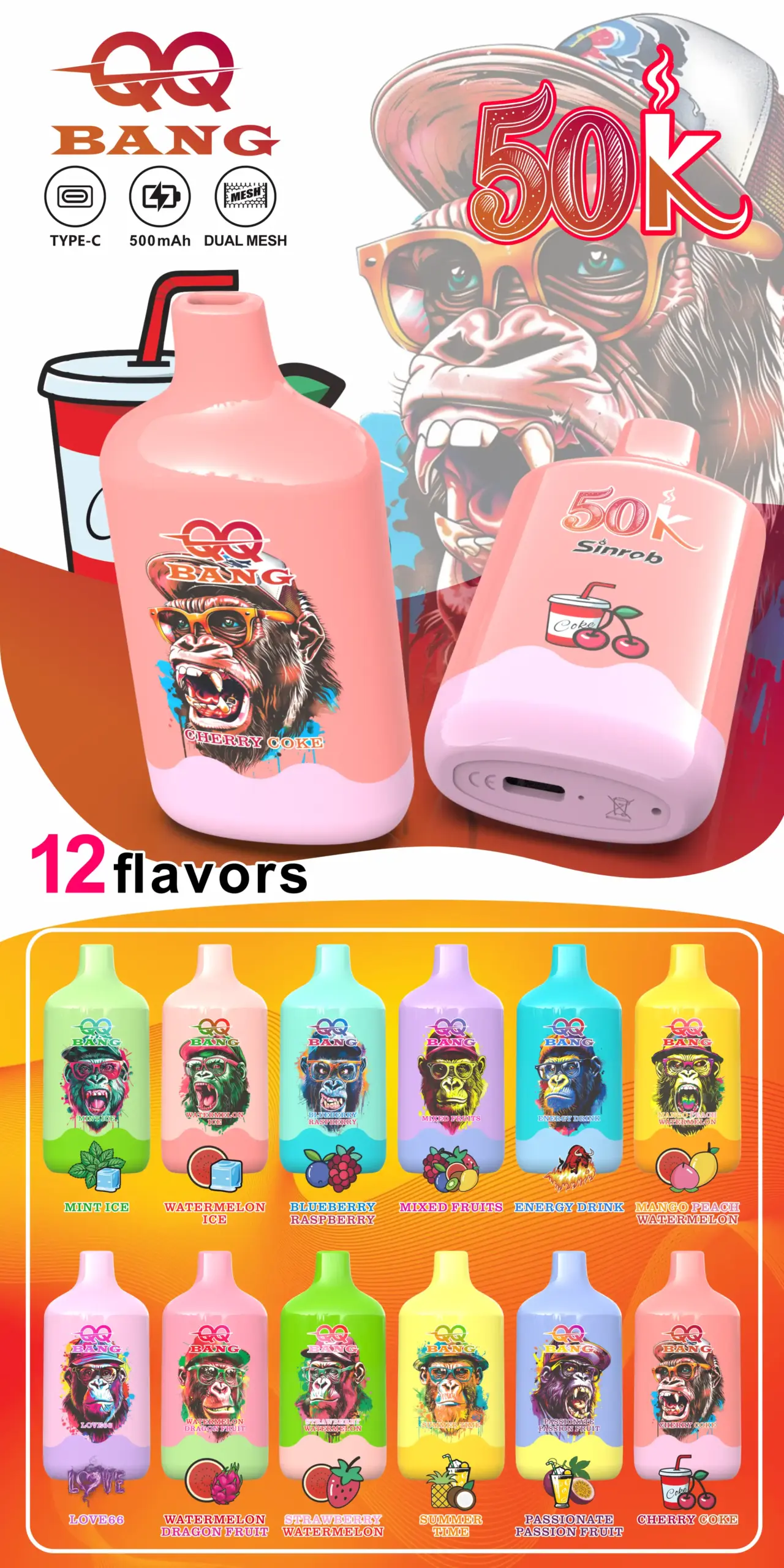 QQ Bang 50000 Puffs Monkey Edition – Polnilna Disposable Vape z Dual Mesh Grelnikom 1 QQ-BANG-50000-Puffs-Product-details-image