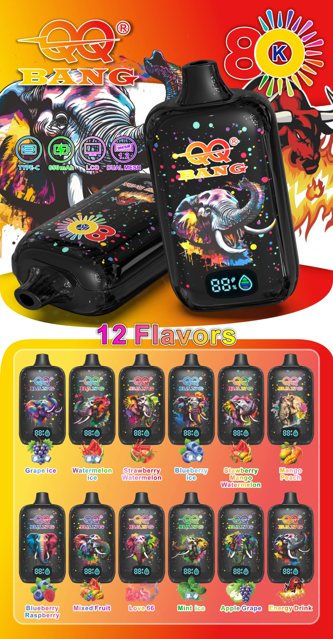 QQ Bang 80000 Puffs – Polnilna Disposable Vape s Type-C Hitrim Polnjenjem in LED Prikazovalnikom 1 QQ-Bang-80K-Elephant-Level-Power-Rich-Flavor-all-Flavors-scaled-1