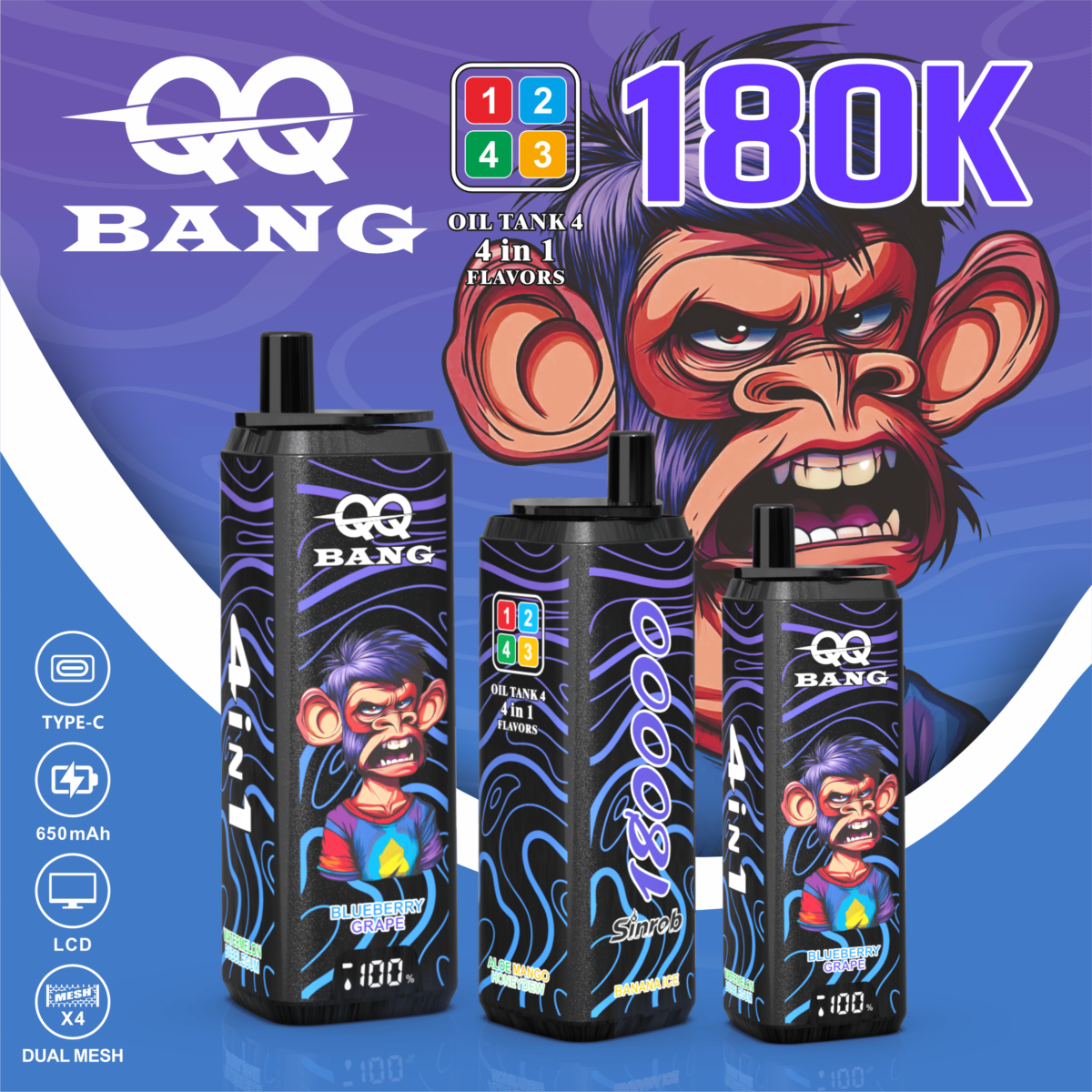 VapePurchase-qq-bang-180000-180k-puffs-banana-ice-watermelon-bubblegum-blueberry-grape-aloe-mango-melon-1200x1200 QQ Bang 180000 Puffs – Polnilna Disposable Vape s 4-v-1 Sistemom Okusov in LCD Zaslonom - slika 1