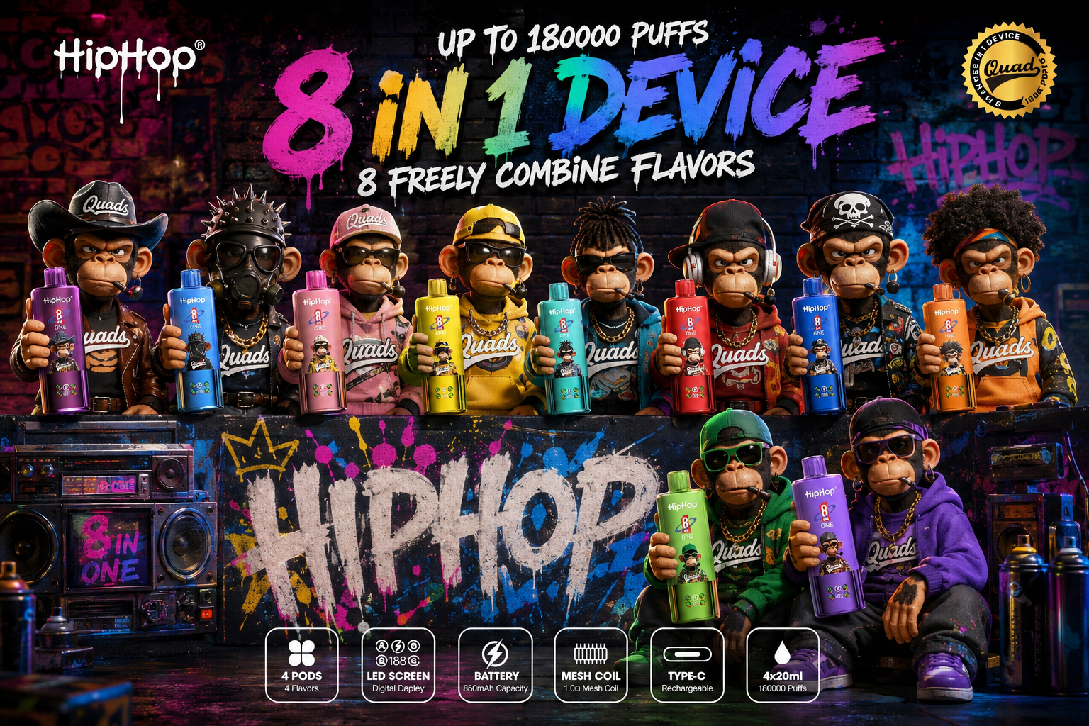 HIPHOP 8in1 180K – osem okusov z vrtljivim izbirnikom 1 HIPHOP 8in1 180K z vrtljivim izbirnikom okusa